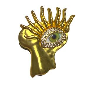 Surrealist Gold Tone Evil Eye Rhinestone Face Brooch Pin